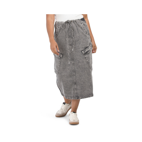 Acid Wash Denim Cargo Maxi Skirt