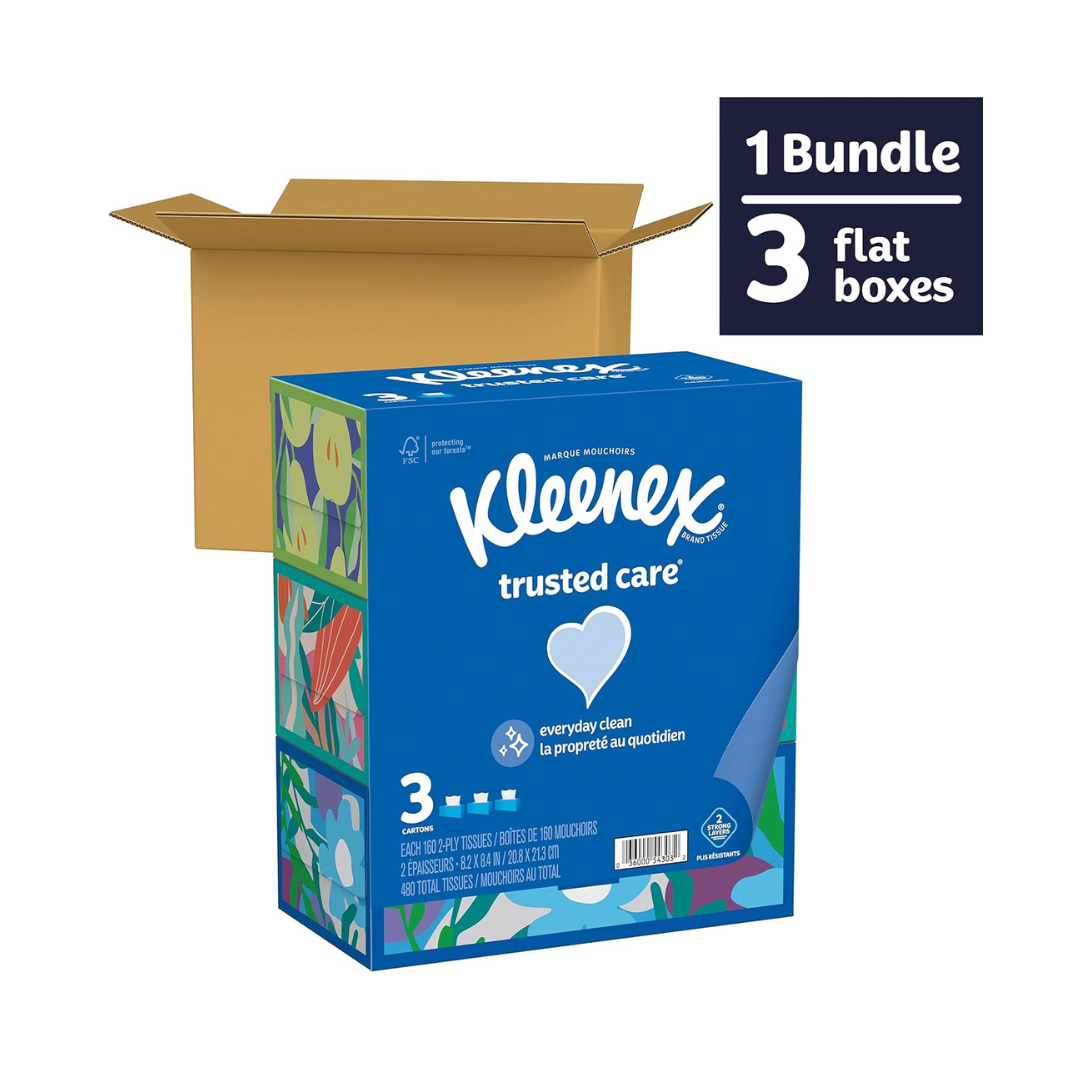 3 Boxes Kleenex Trusted Care Facial Tissues (160 Tissues per Box)