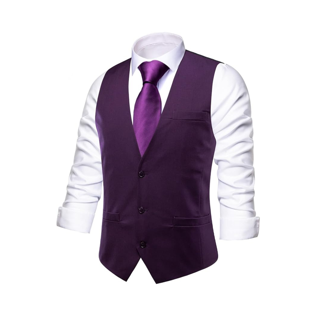Hi-Tie Men's Plaid Checks V-neck Suit Vest (Dark Purple)