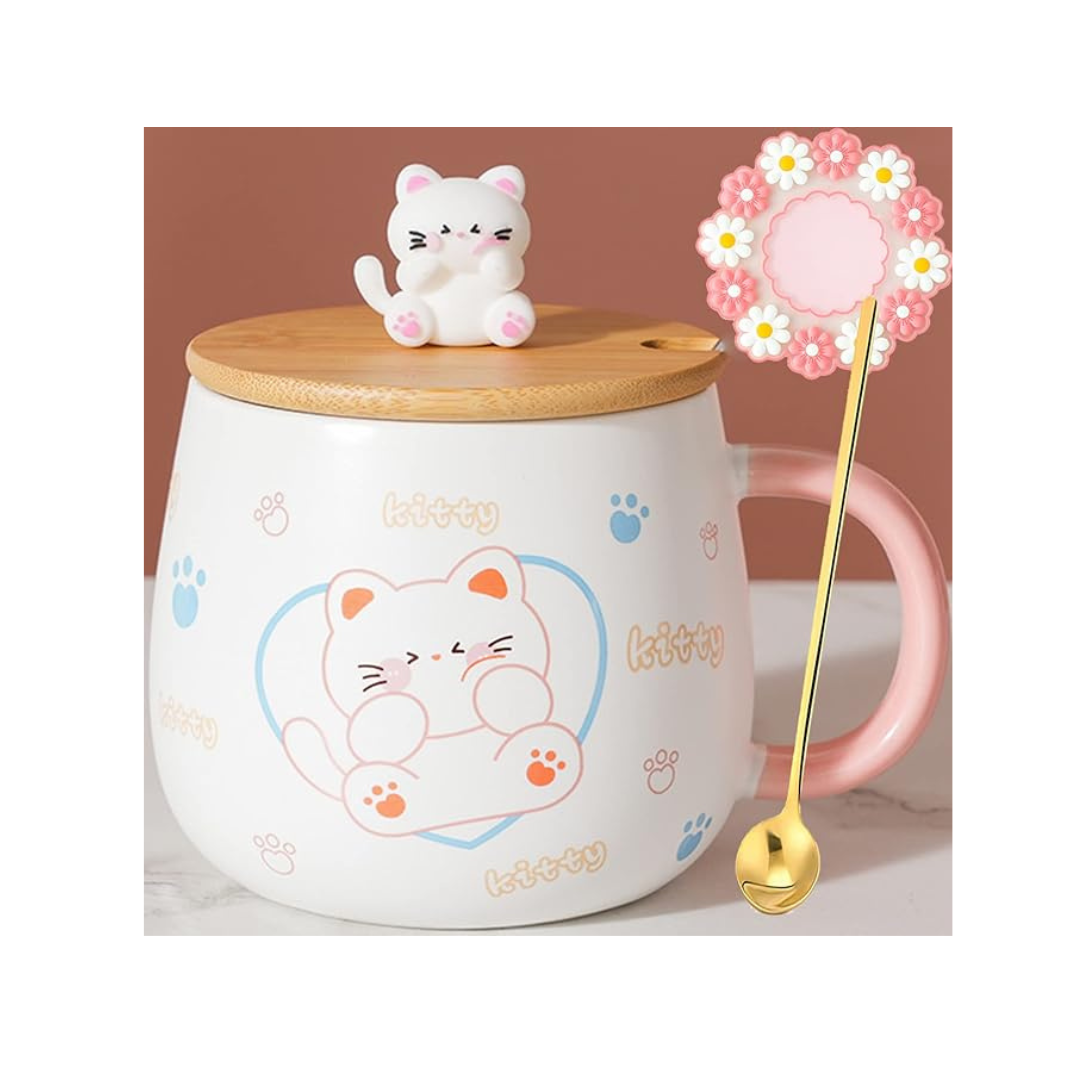 Arawat 400ml Ceramic Cute Cat Tea Coffee Cup w/Lid and Spoon