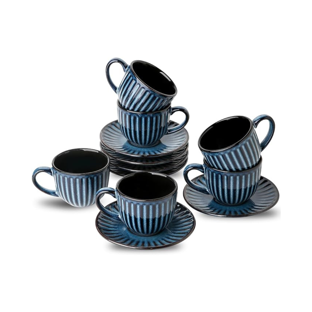 Hasense Set of 6 Espresso Cups with Saucers (4 Oz)