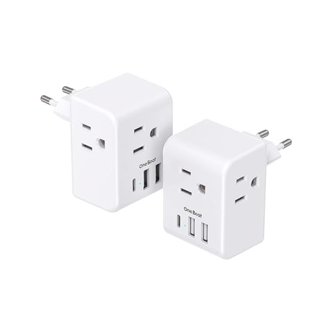 2-Pack One Beat European Plug Adapter with Type-C 3 USB Charging Ports