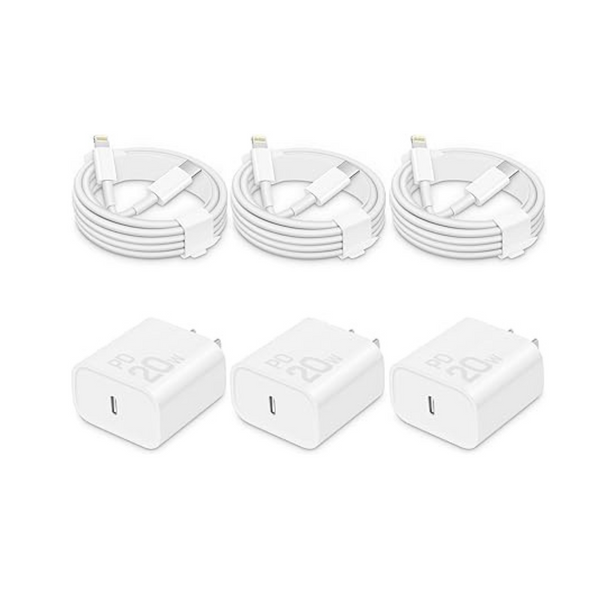 3-Pack 20W USB-C Wall Charger Cube with 3-Pack 6ft Fast Charging Cable