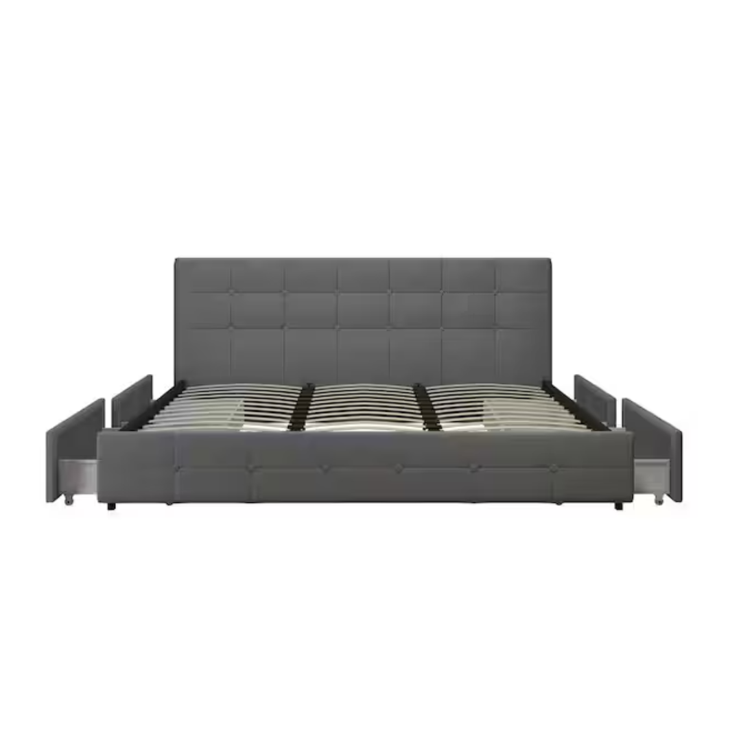 DHP Ryan Upholstered Bed w/ Storage Drawers in King Size (Grey Linen)