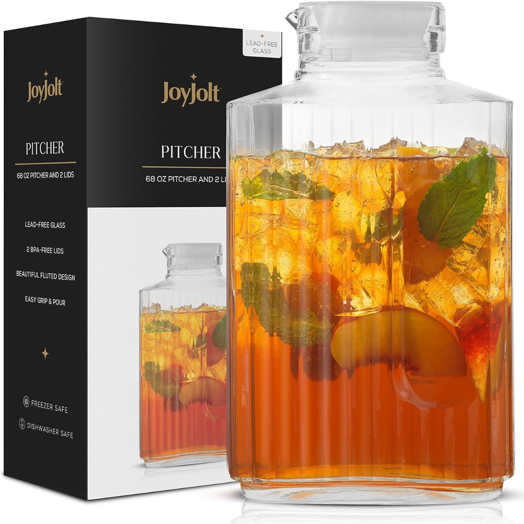 JoyJolt 68oz Clear Beverage Serveware Glass Drink Pitcher with 2-Lids