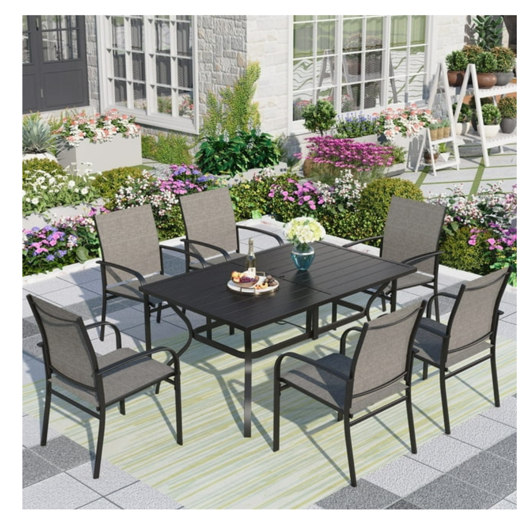 MF Studio 7-Piece Outdoor Patio Dining Set with Rectangle Steel Table & Textilene Chairs for 6-Person