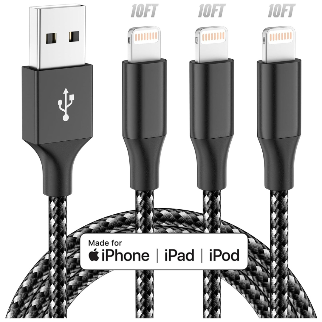 3-Pack 10ft Apple MFi Certified USB-A to Lightning Cable