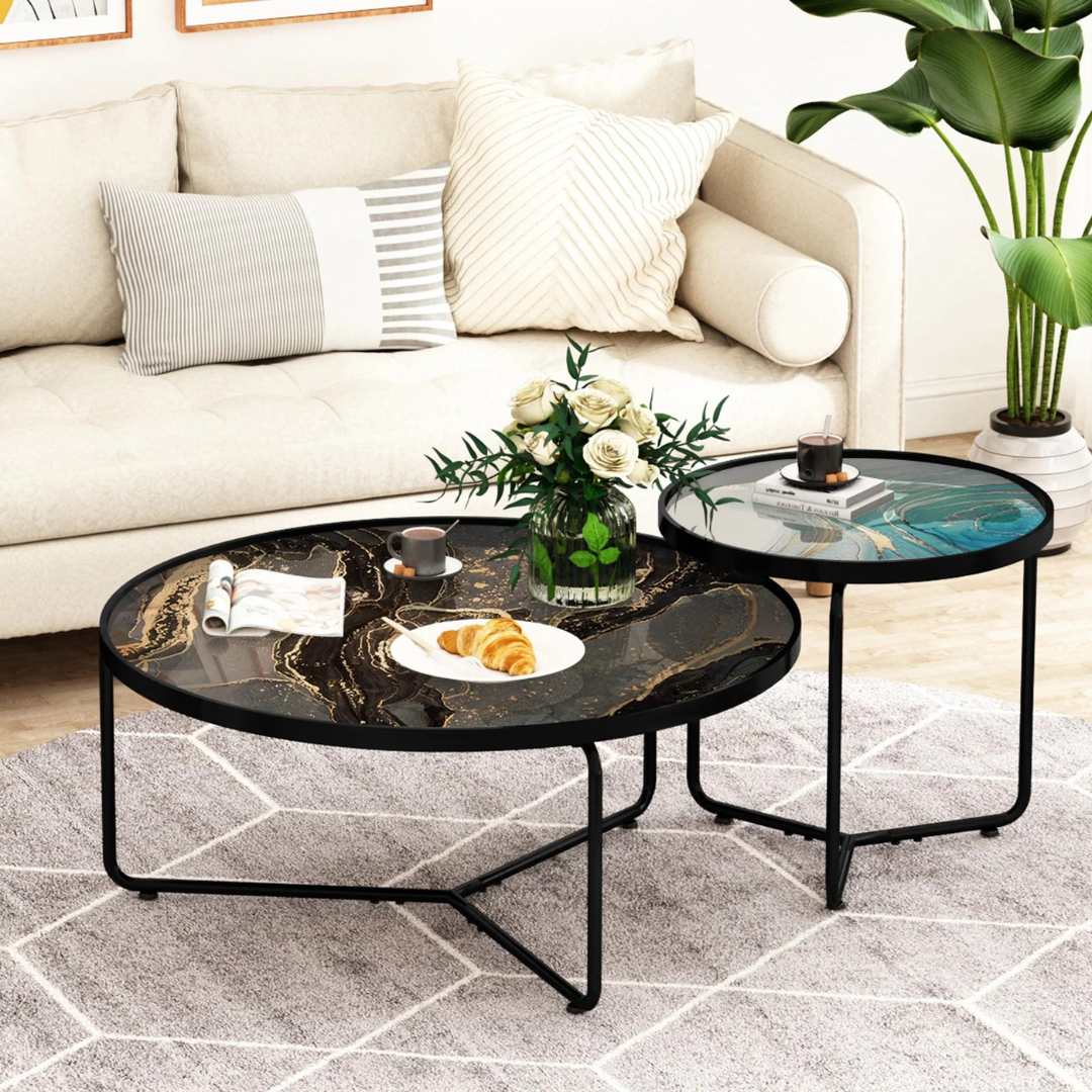 2-Set HLR Modern Nesting Coffee Table with Metal Frame