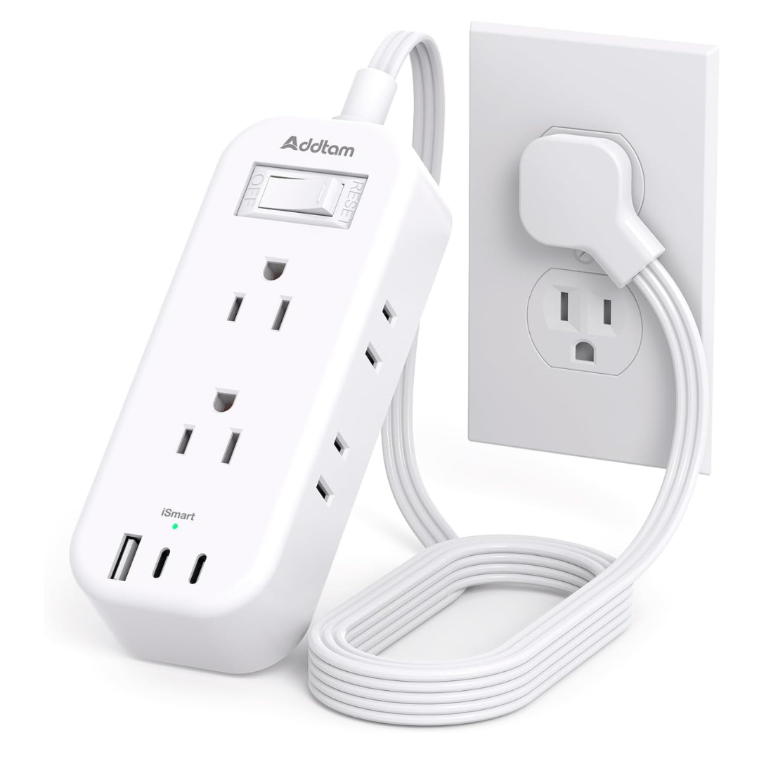 6 Outlets & 3 USB Travel Power Strip Flat Plug with 5ft Extension Cord