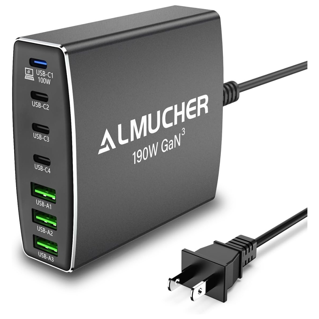 Almucher 190W 7 Port PD 3.0 USB C Aluminum Alloy GaN Charger Block