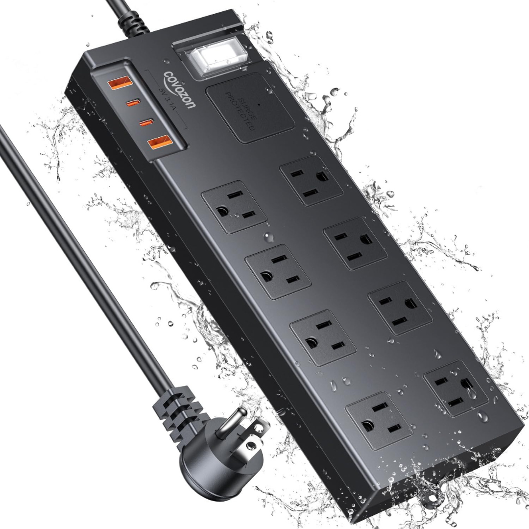 12-in-1 Waterproof Surge Protector with 8 Wide Outlet & 4 USB Ports