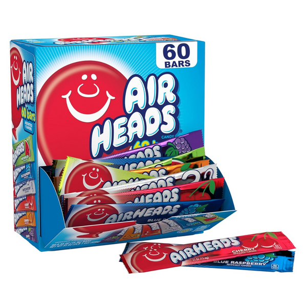 60-Count Airheads Chewy Full Size Fruit Taffy Candy Bars Variety Pack