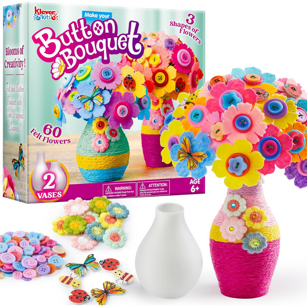 Klever Kits Button Flower Craft - DIY Flower Bouquet with 2 Vases