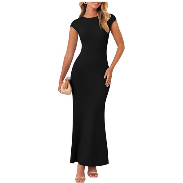 Women's Cap Sleeve Rib Knit Maxi Dress