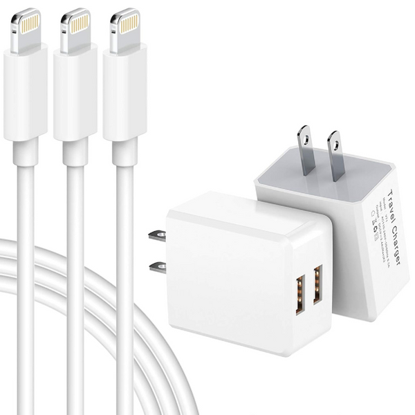 2 Pack Qntry USB A Dual Port Wall Charger Adapter with (3-Pack) 6ft Cables