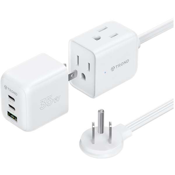 TROND 3-Port 5ft Flat Travel Power Strip with Detachable USB C Charger