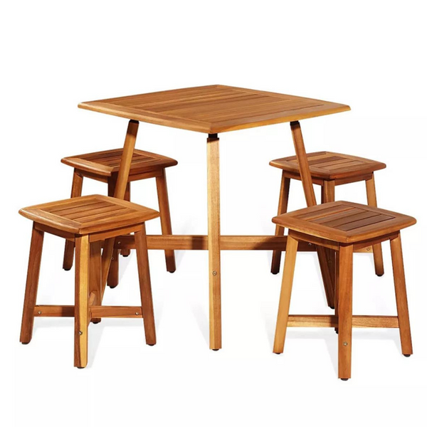 5 Pieces Wood Patio Dining Set with Square Table and 4 Stools