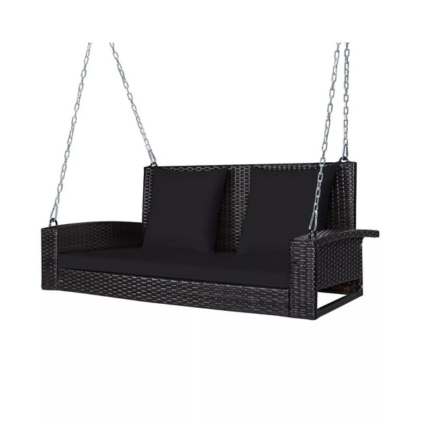 2-Person Wicker Hanging Porch Swing with 2 Back Cushions and 1 Seat Cushion