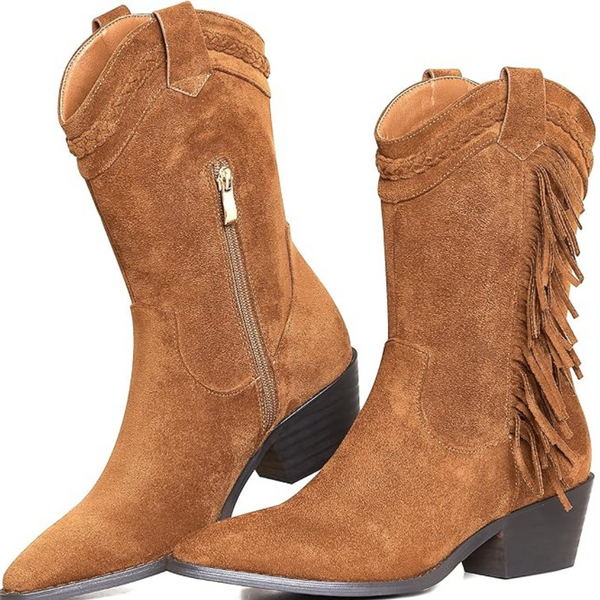 Phefarer Women's Mid Calf Faux Suede Fringe Cowgirl Boots