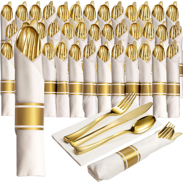 Prestee 50 Pre Rolled Gold Plastic Silverware Sets (200 Pcs)