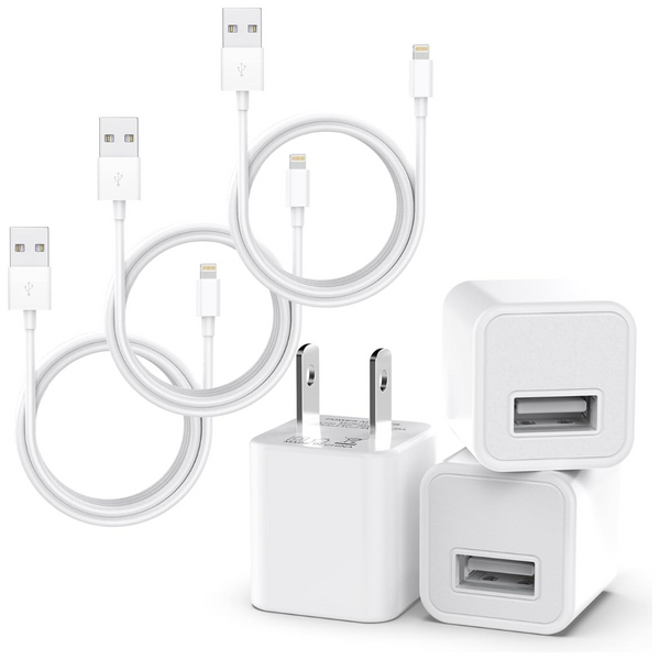 3-Pack Usb Wall Charger Adapter w/ 3-Pack Mfi Certified Charging Cords