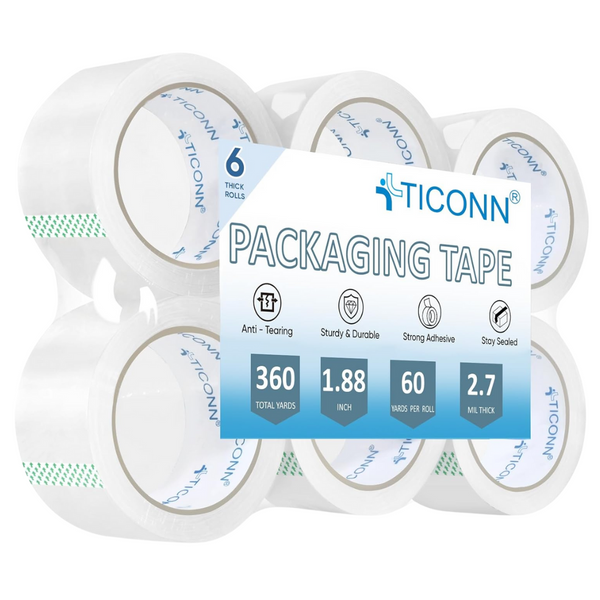 6-Pack Ticonn 360 Yards Heavy Duty 2.7 Mil Shipping Clear Packaging Tape