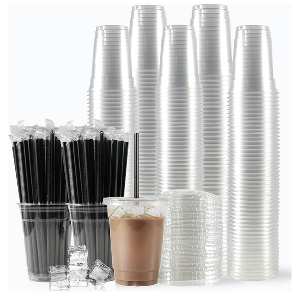 200-Sets of Disposable Plastic Cups With Lids And Straws (Clear)