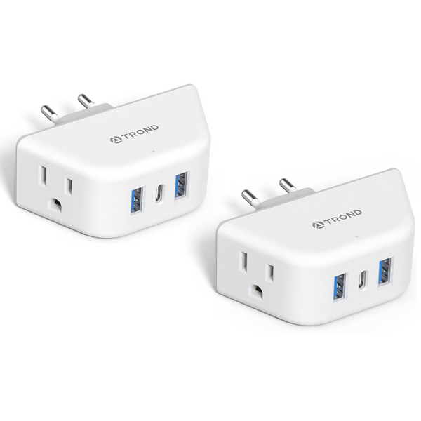 2-Pack Trond European Travel Plug Adapter With 2 Outlets 3 USB Ports