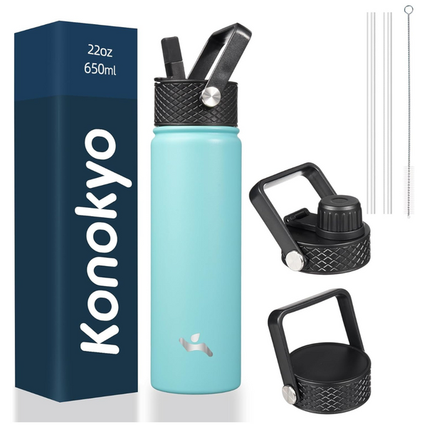 Konokyo 22Oz Insulated 3 Lids Metal Water Bottle With Straw