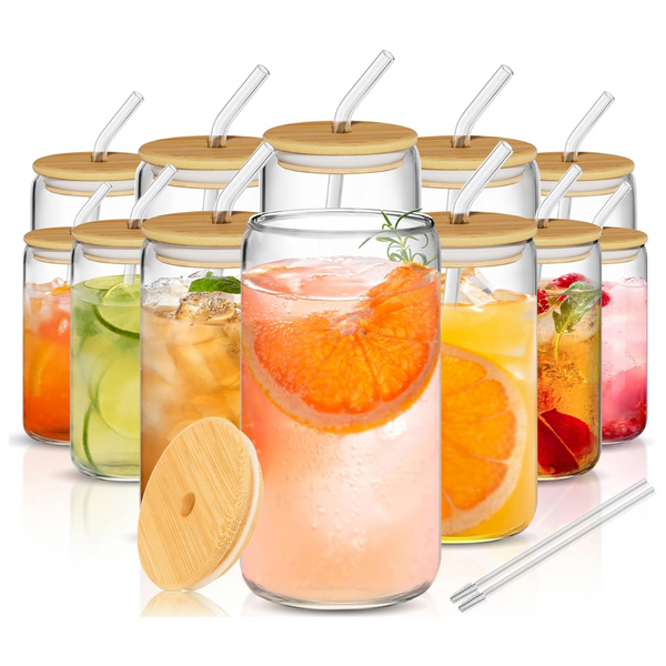 Set Of 12 16Oz Glass Cups With Bamboo Lids And Glass Straws