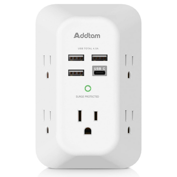 Addtam 5 Outlet USB Wall Charger Surge Protector Extender