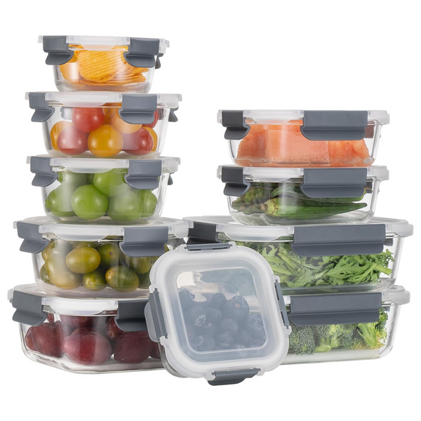 20-Piece Glass Food Storage Container Set W/ Lids (Grey, GE201)