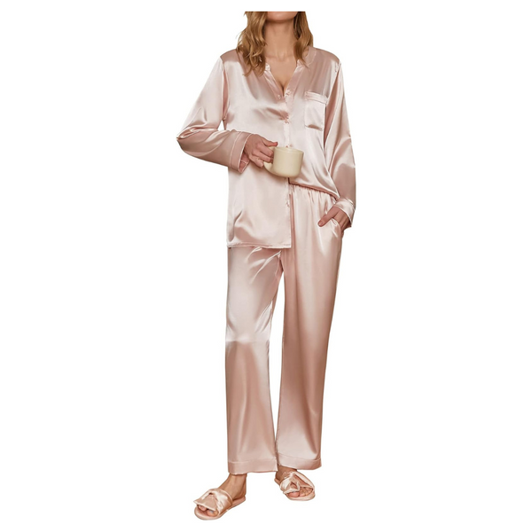 2-Piece Ekouaer Womens Satin Long Sleeve V-Neck Silk Pajamas Sets