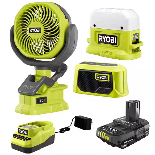 Ryobi One+ 18v Cordless 3-Tool Campers Kit With Area Light Bundle
