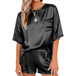 Bekofo Women's Short Sleeve Silk Satin Pajamas Set