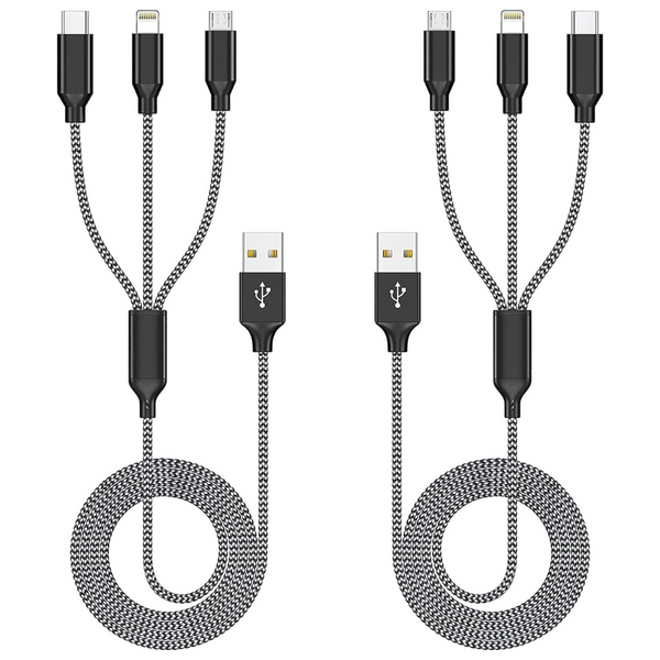 2-Pack 3-In-1 Nylon Braided Lightning Multi USB Cable