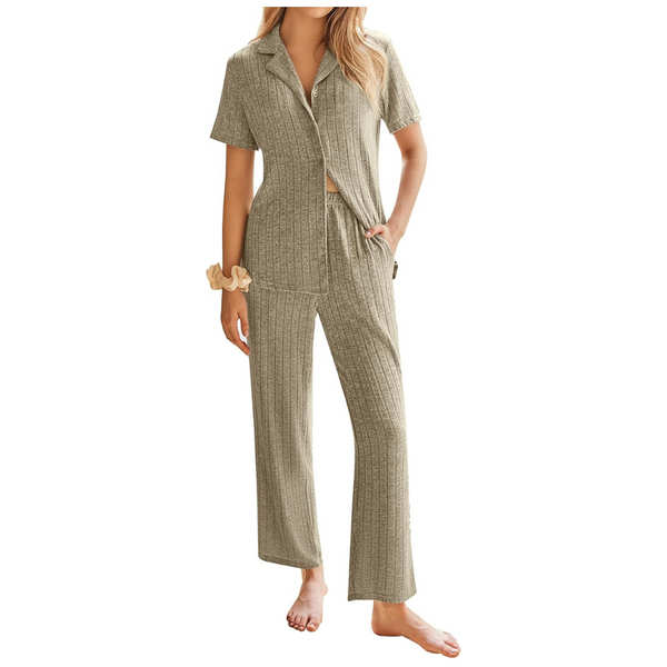 Ekouaer Women's Rib Knit Pajamas Button Up Lounge Sets