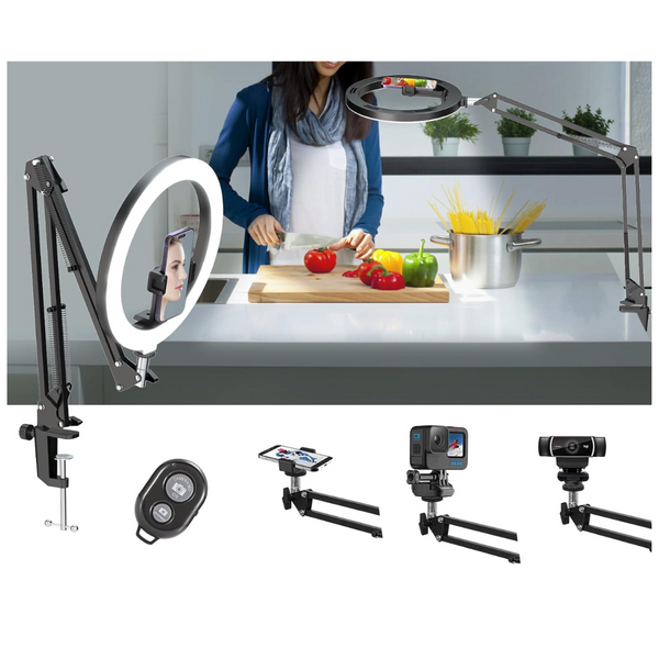 Overhead Camera Mount W/ 10" Selfie Ring Light And Phone Holder