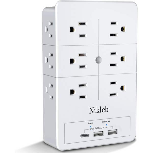 Nikleb Multi Plug Outlet Extender Surge Protector With USB Ports & C Adapter