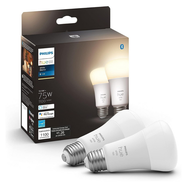 2-Pack Philips Hue White 75W A19 LED Medium Lumen Smart Bulb
