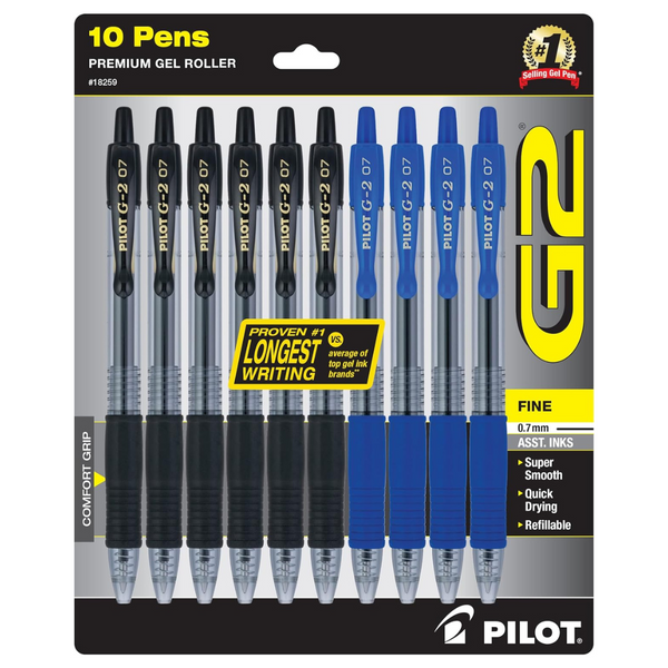 PILOT G2 Premium Refillable & Retractable Rolling Ball Gel Pens (6 Black And 4 Blue Pens, 10 Pack)