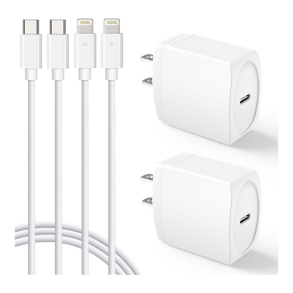 2-Pack PD 20W USB-C Charger Block With 10ft Type-C Lightning Cable
