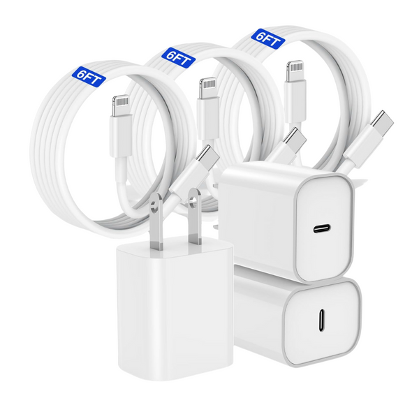 3-Pack 20W MFi Certified iPhone USB-C Charger Block W/ 6ft USB-C Cord
