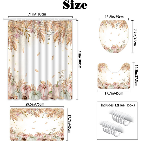 4-Piece Waterproof Fall Thanksgiving Shower Curtain Set (72" x 72")