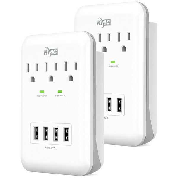 2-Pack KMC 3-Outlet Wall Mount Surge Protector w/ 4-USB Charging Port