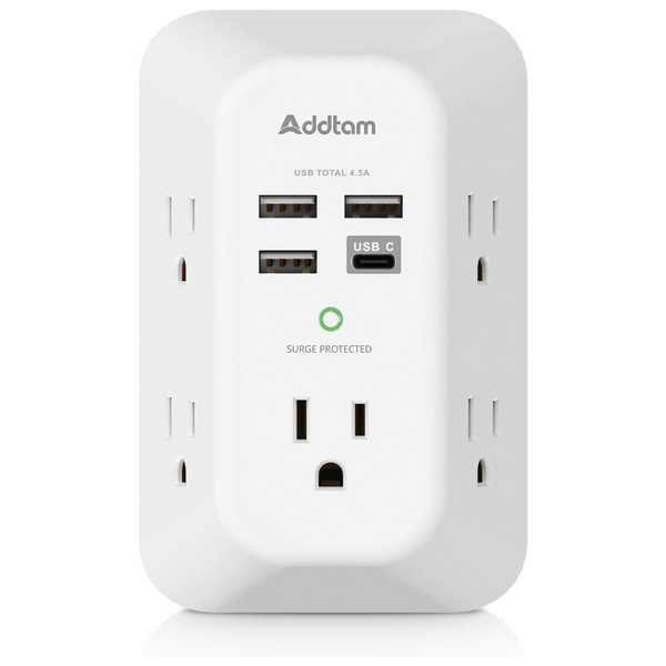 Addtam 5-Outlet Wall Charger Surge Protector With 4-USB Ports