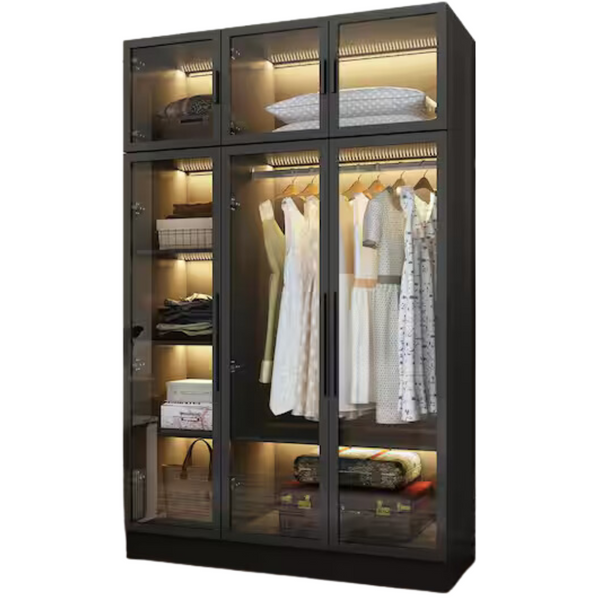 Glass Door Wood Armoire With LED Lighting