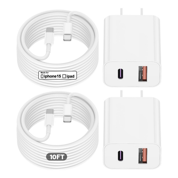 2-Pack 20W Dual USB Charger Block With 2-Pack 10ft USB C Cable