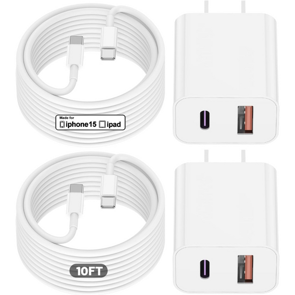 2-Pack 20W Dual USB Charger Block with 2-Pack 10ft USB C Cable