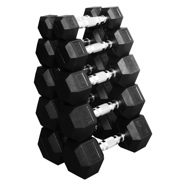 150-Lbs Set Of Rubber Encased Hex Dumbbell (5, 10, 15, 20, 25LB Pairs)